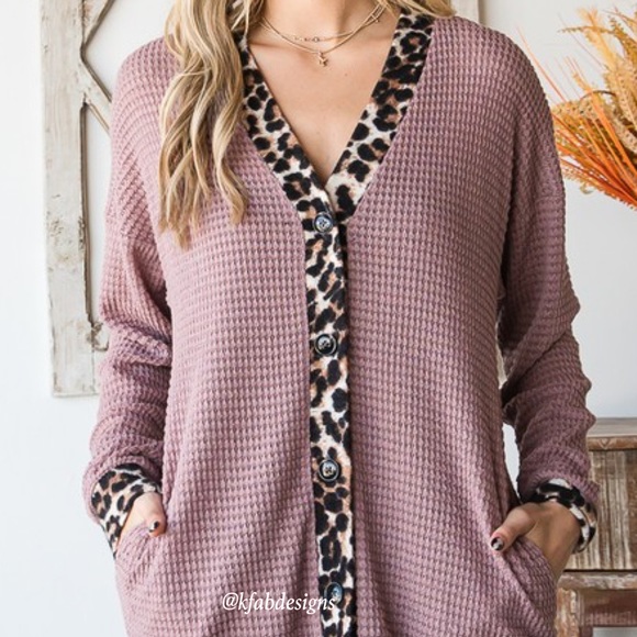 LAST 2! Animal Print Contrast Button Down Soft Waffle Knit Shacket w/Pockets! - Picture 6 of 7